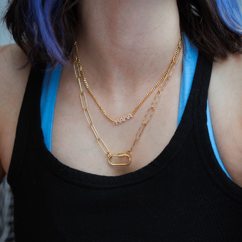 Gold Rhinestone Mama two Necklace Stack with oval carabiner - Picture 2 of 2